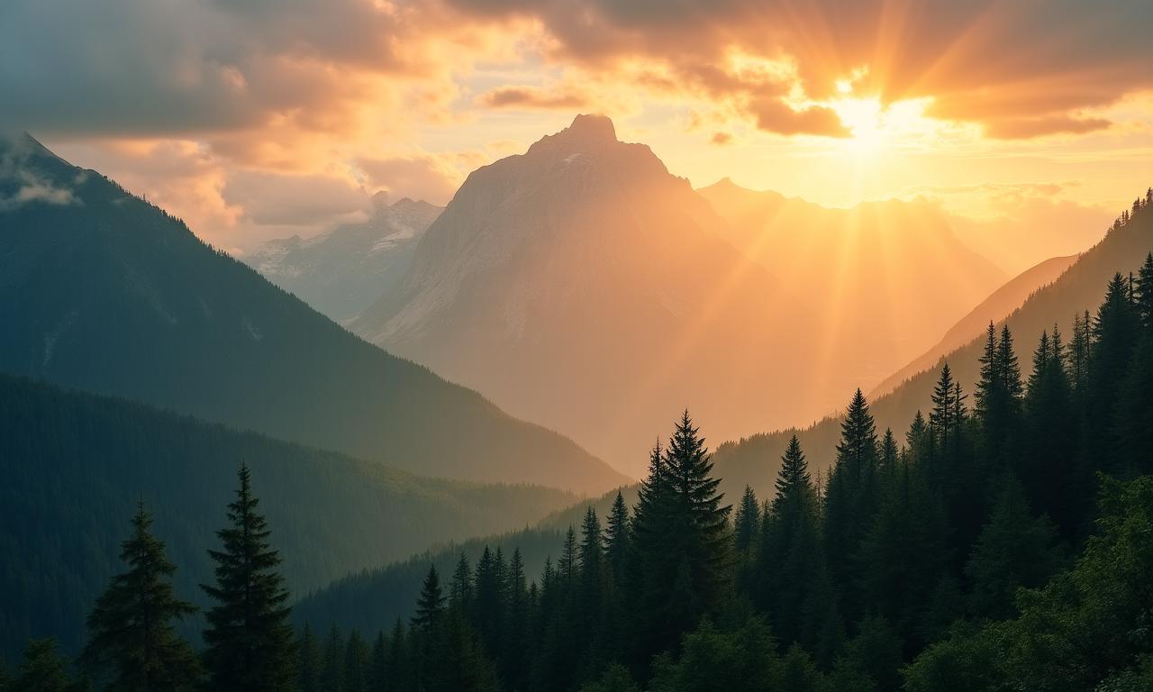 Panoramic view of rugged mountains and misty forests