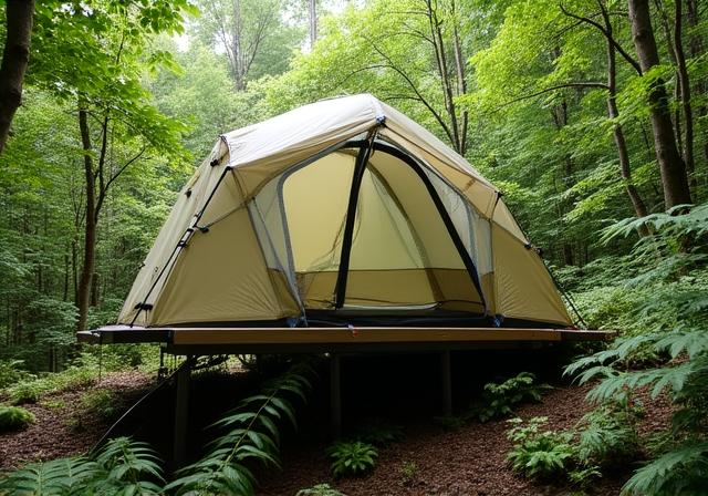 A high-ventilation mesh tent set up in a lush tropical forest